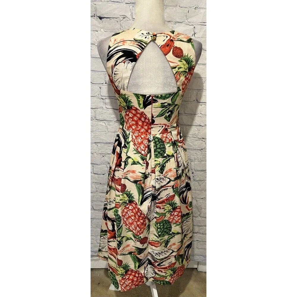Eva Franco Mandy Dress Sz. 4 Pineapple Halter Cut Out Pleated Sleeveless Lined